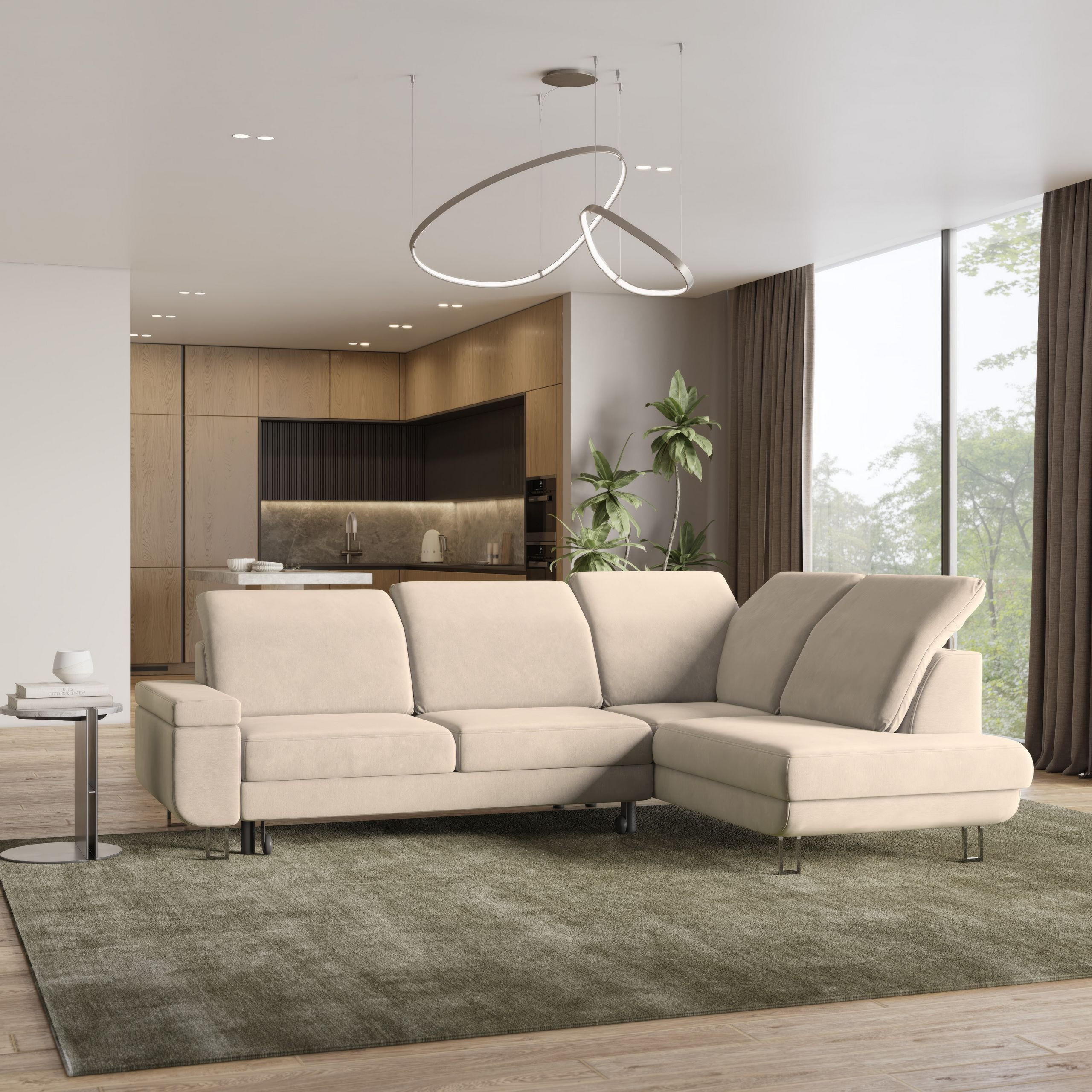 ECKSOFA LERMA R-S Creme Velours-Stoff mit Schlaffunktion - Creme, Holz (253/190cm) - MASSENO