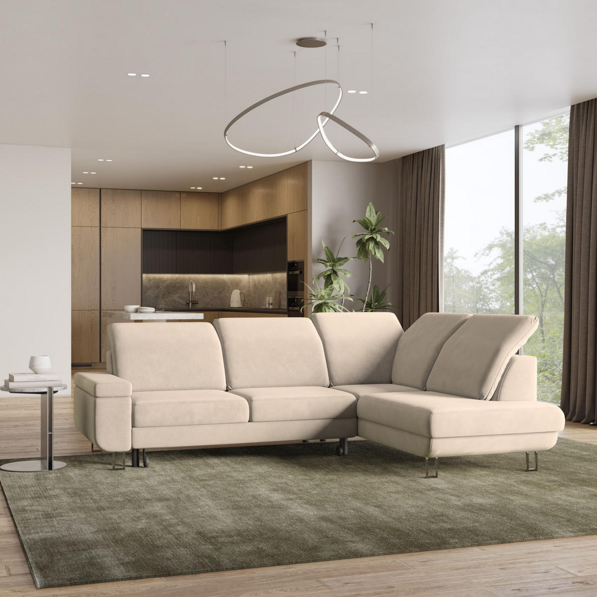 ECKSOFA LERMA R-S Creme Velours-Stoff mit Schlaffunktion - Creme, Holz (253/190cm) - MASSENO