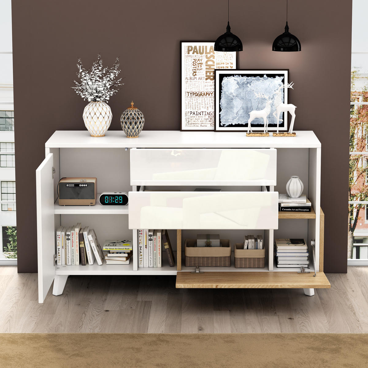SIDEBOARD Weiß Holz Hochglanz Modern Stauraum Esszimmer - Multicolor, Holzwerkstoff (40/70/130cm) - FLIEKS