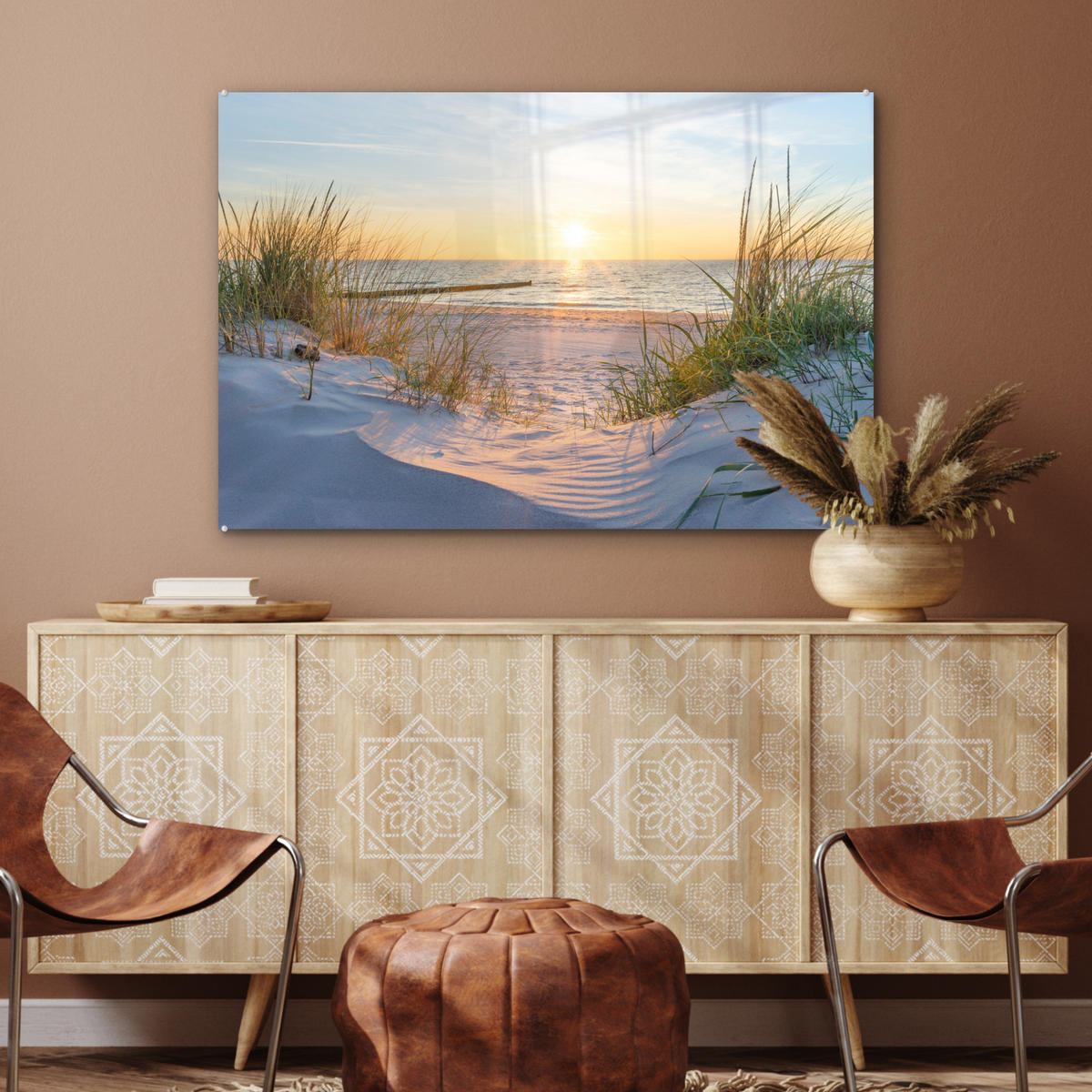 ACRYLGLASBILD Strand - Sonne - Düne - Gras - Sand - Horizont 90x60 cm - Hellblau, Glas (90/60cm) - MuchoWow