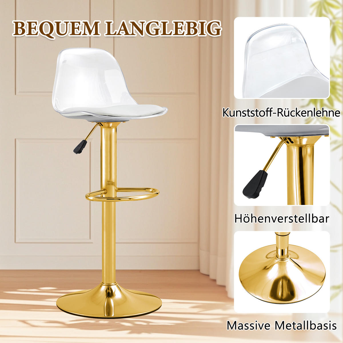 BARHOCKER 2er-Set Gold und Transparent Höhenverstellbar 360° Drehbar mit Rückenlehne und Fußstütze - Goldfarben, Metall (33/82/40.5cm) - PANGIVO