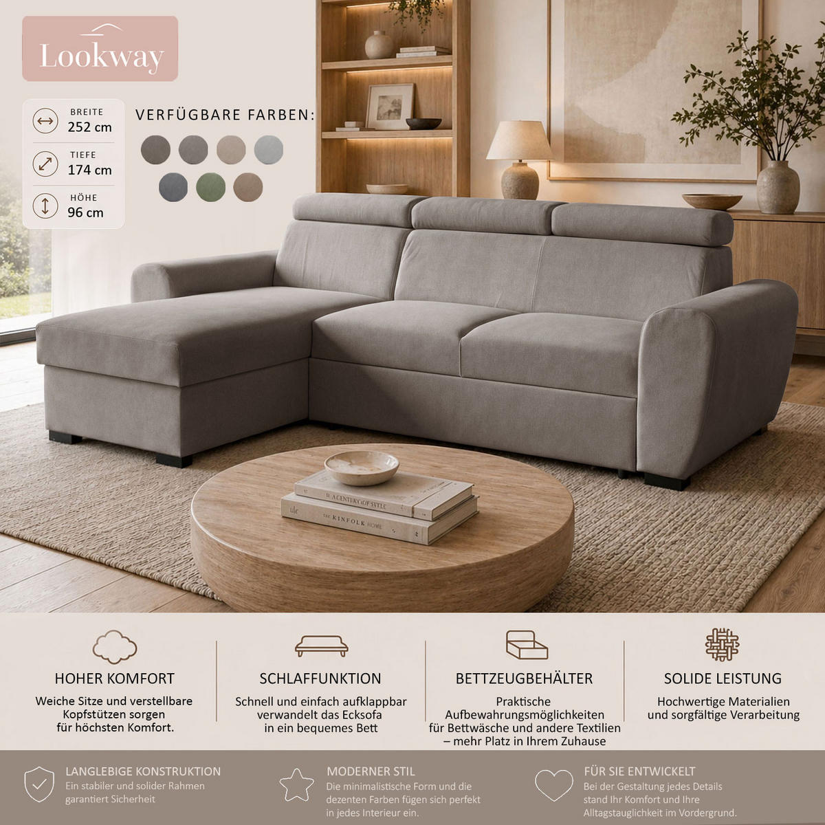ECKSOFA FALCO mit Schlaffunktion Elli 81 - Grau, Textil (253/174cm) - Lookway