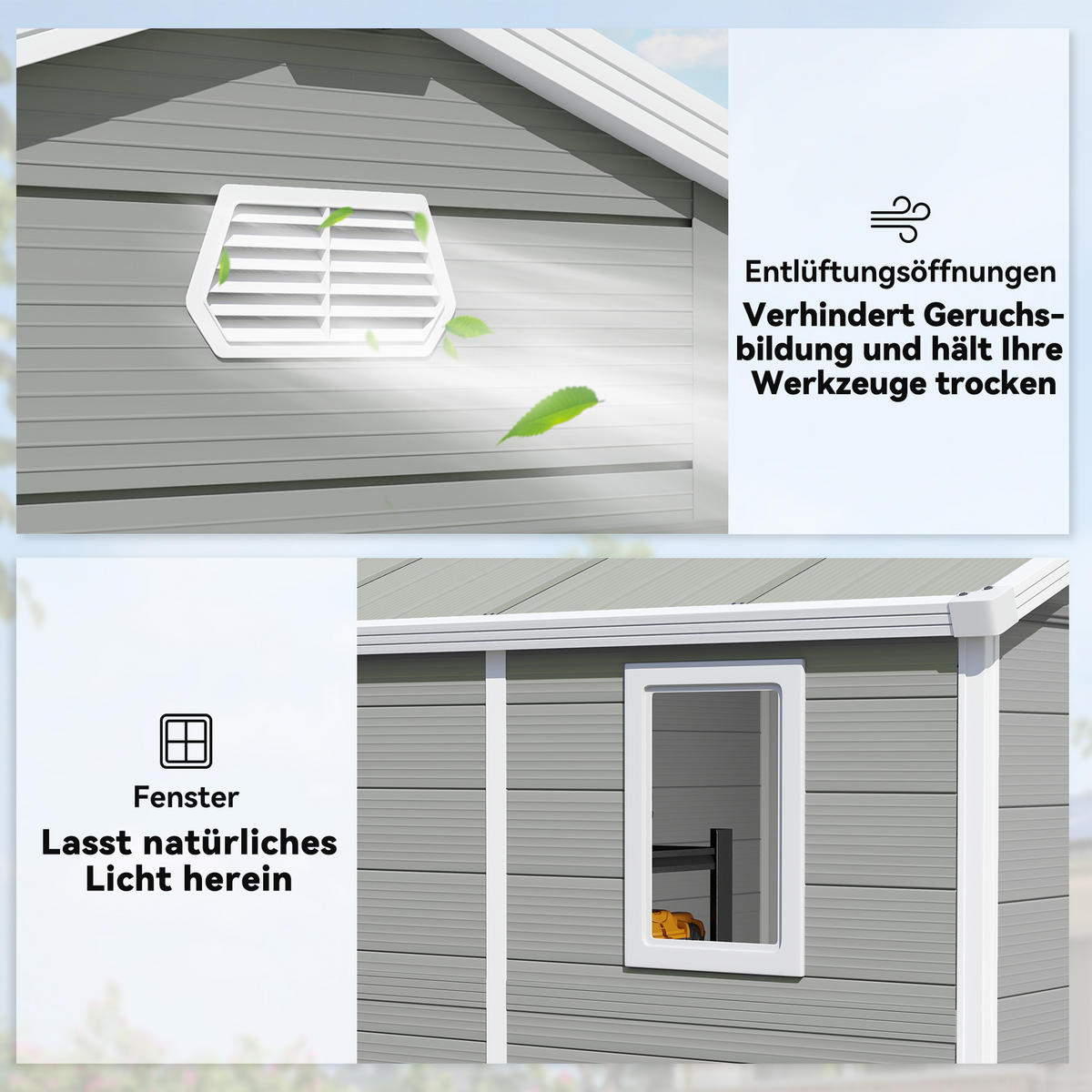 GERÄTEHAUS 4,1m², Geräteschuppen mit Satteldach, 240 x 190 x 228 cm, Kunststoff - Hellgrau, Kunststoff (190/228/240cm) - Outsunny