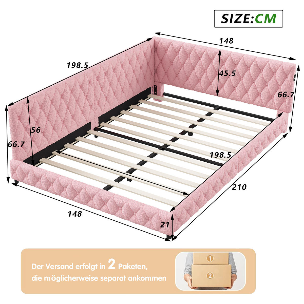 POLSTERBETT 140x200 cm LED USB Teddy Stoff rosa - Rosa, Holz (140/200cm) - LEBENLANG