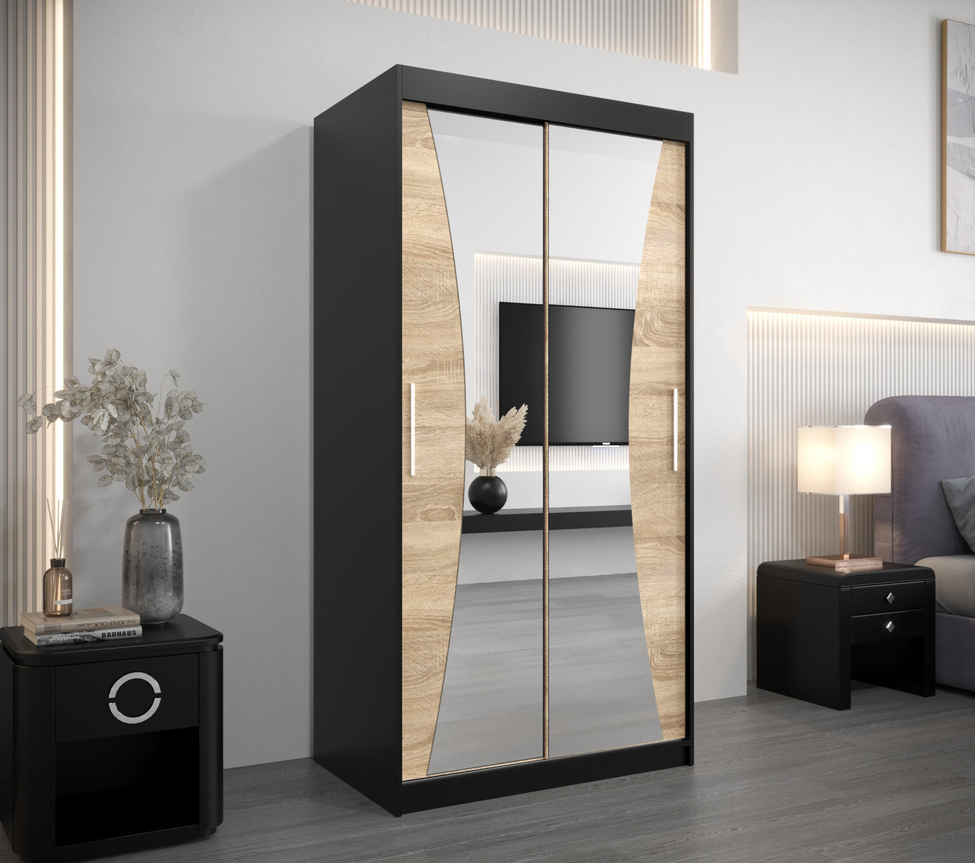 SCHWEBETÜRENSCHRANK 200/100/62 2-türig - Silberfarben/Schwarz, Holz/Kunststoff (100/200/62cm) - Abiks Möbel