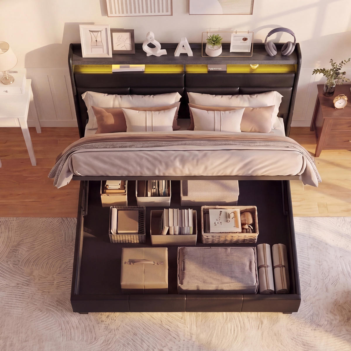 POLSTERBETT 160/200 cm Schwarz mit Bettkasten und USB-Anschlüssen - Schwarz, Holz (160/200cm) - SHOPENTRA