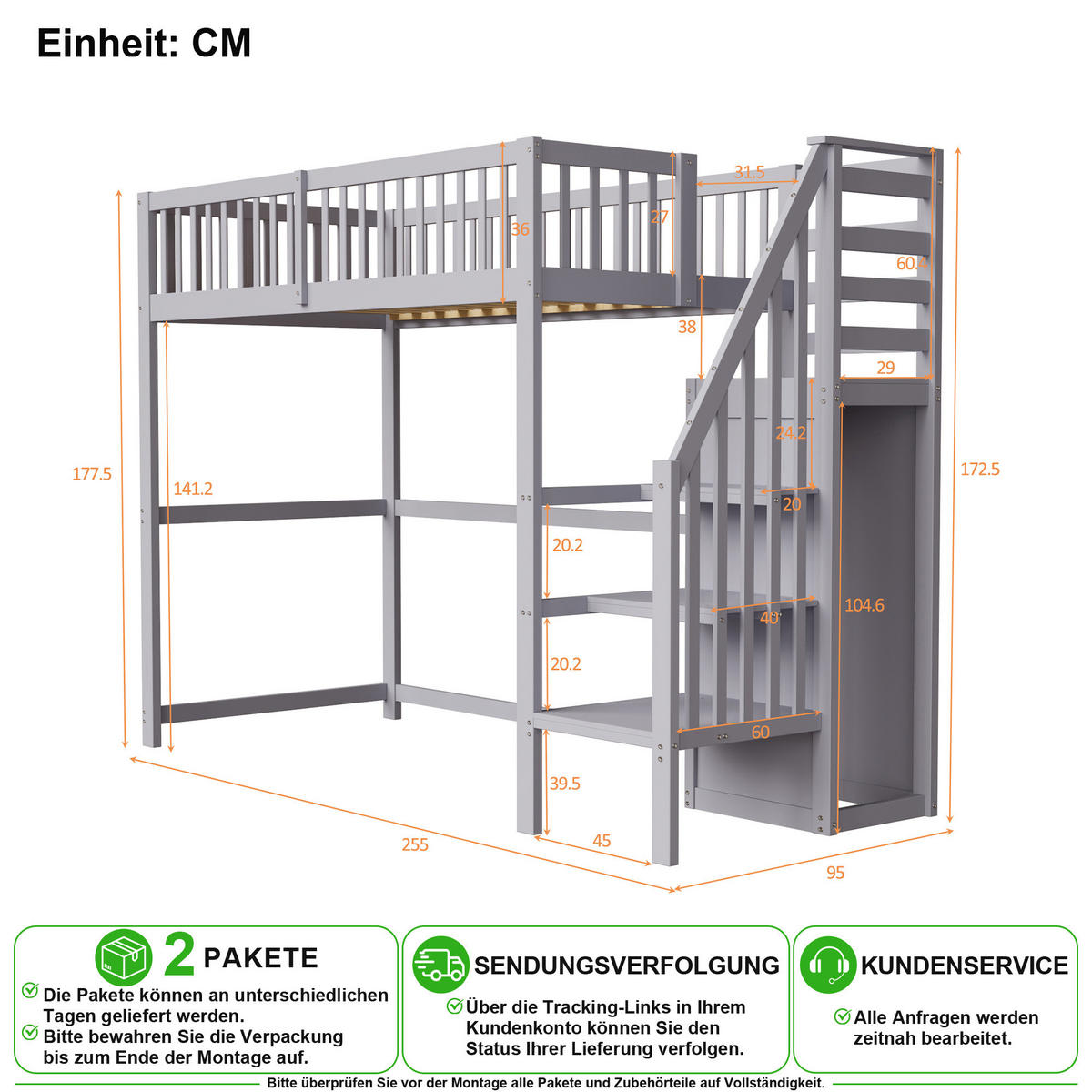 HOCHBETT 90/200 cm in Grau mit Leiter und Kleiderschrank - Grau, Holz/Holzwerkstoff (90/200cm) - CHICFURN