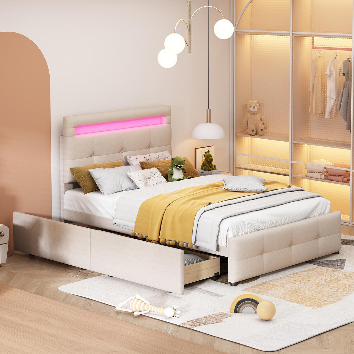 BETT mit LED und 2 Schubladen 90x200 cm Beige - Beige, Holzwerkstoff (90/200cm) - Beauniv