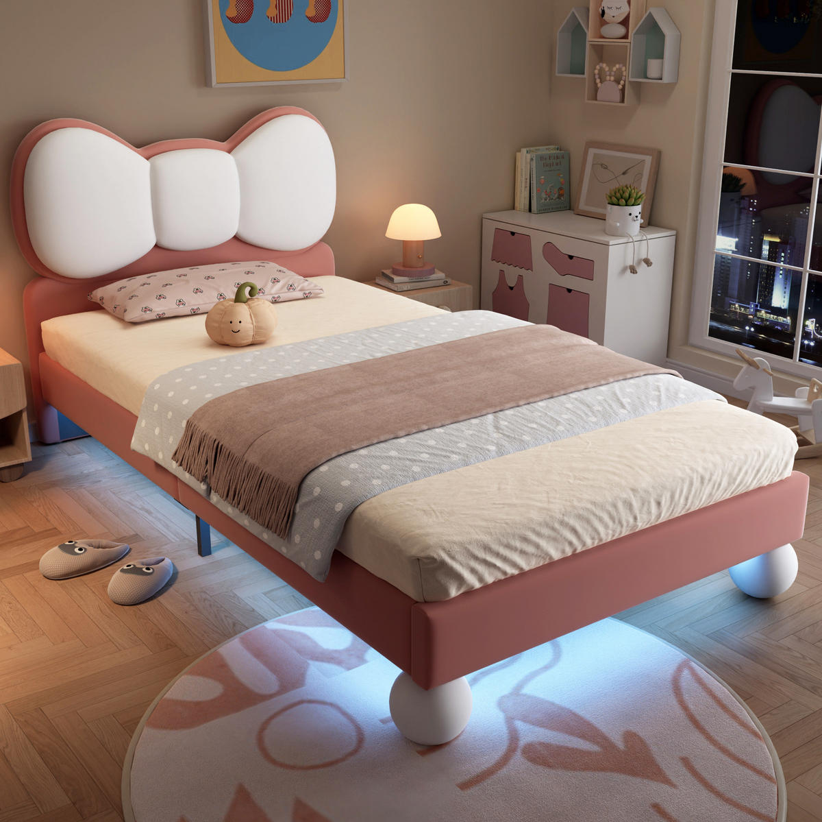 KINDEREINZELBETTEN aus Samt 90x200 cm in Beige und Rosa mit LED-Lichtleiste - Rosa, Textil (90/200cm) - Modfu