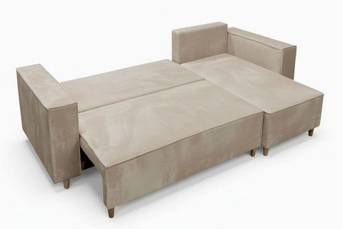ECKSOFA RIO mit Schlaffunktion und Bettkasten, Farbe: Beige, Velourstoff, Ottomane Universal - Beige, Textil (249/142cm) - Marpur