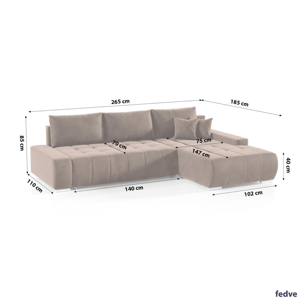 ECKSOFA mit Schlaffunktion Dhaka L, Braun - Dunkelbraun, Textil (185/265cm) - Fedve
