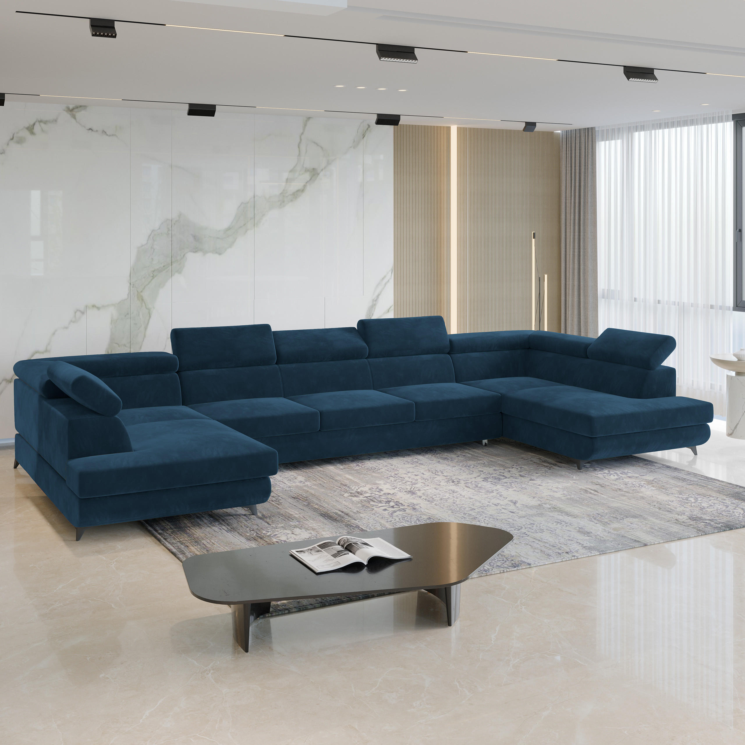 WOHNLANDSCHAFT URMANO Blau Velours-Stoff mit Schlaffunktion - Blau, Holz (395/89/190cm) - MASSENO