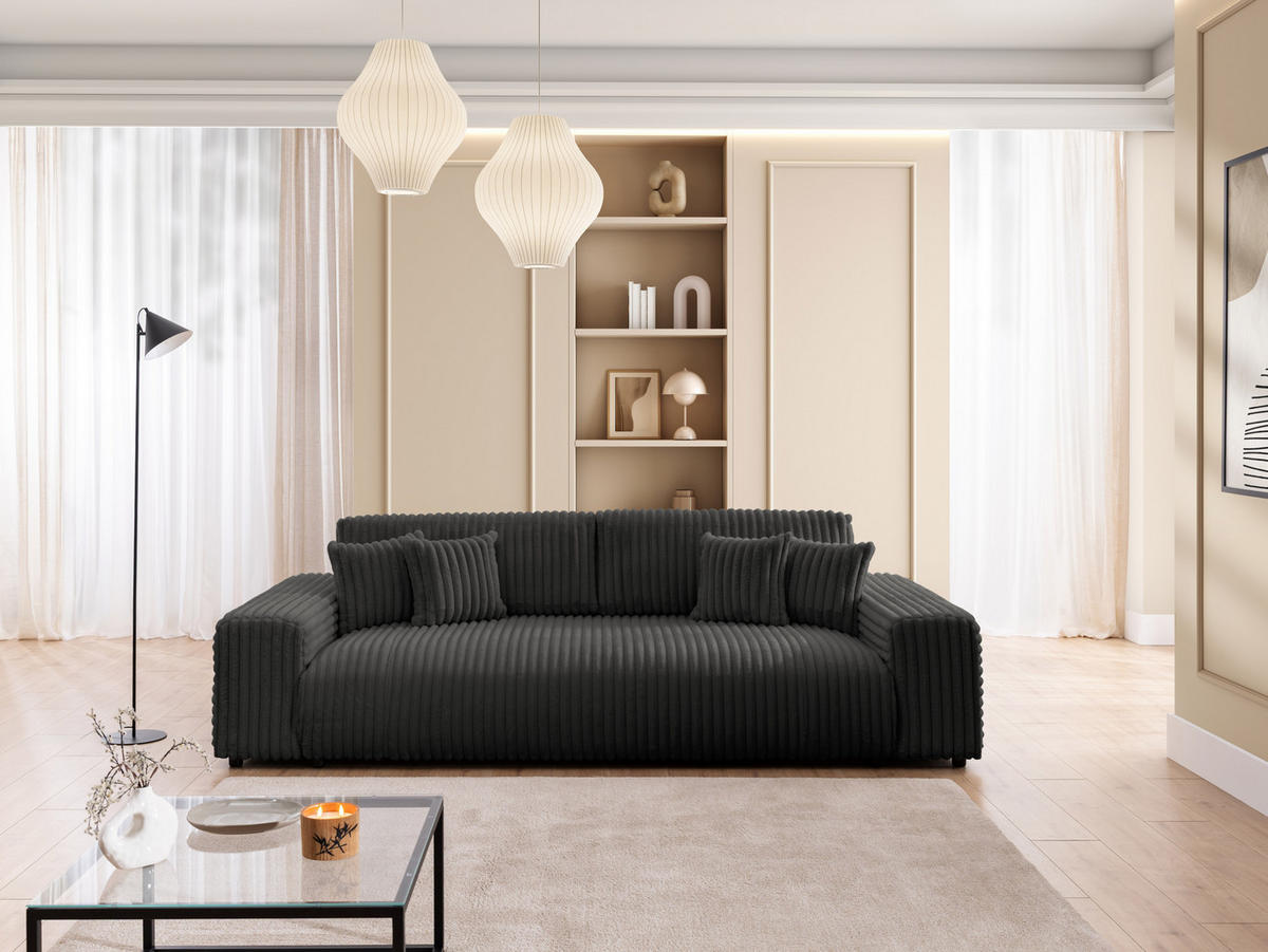 BIGSOFA Mollis Dunkelgrau Plüschcord mit Schlaffunktion - Dunkelgrau/Schwarz, Holz/Kunststoff (260/77/124cm) - S-Style Möbel