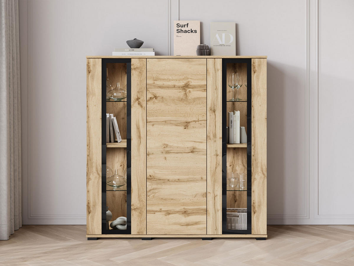 KOMMODE Caro HB 120 mit weißer LED Beleuchtung - Eiche Wotan/Schwarz, Holzwerkstoff/Kunststoff (120/122/40cm) - MIRJAN24