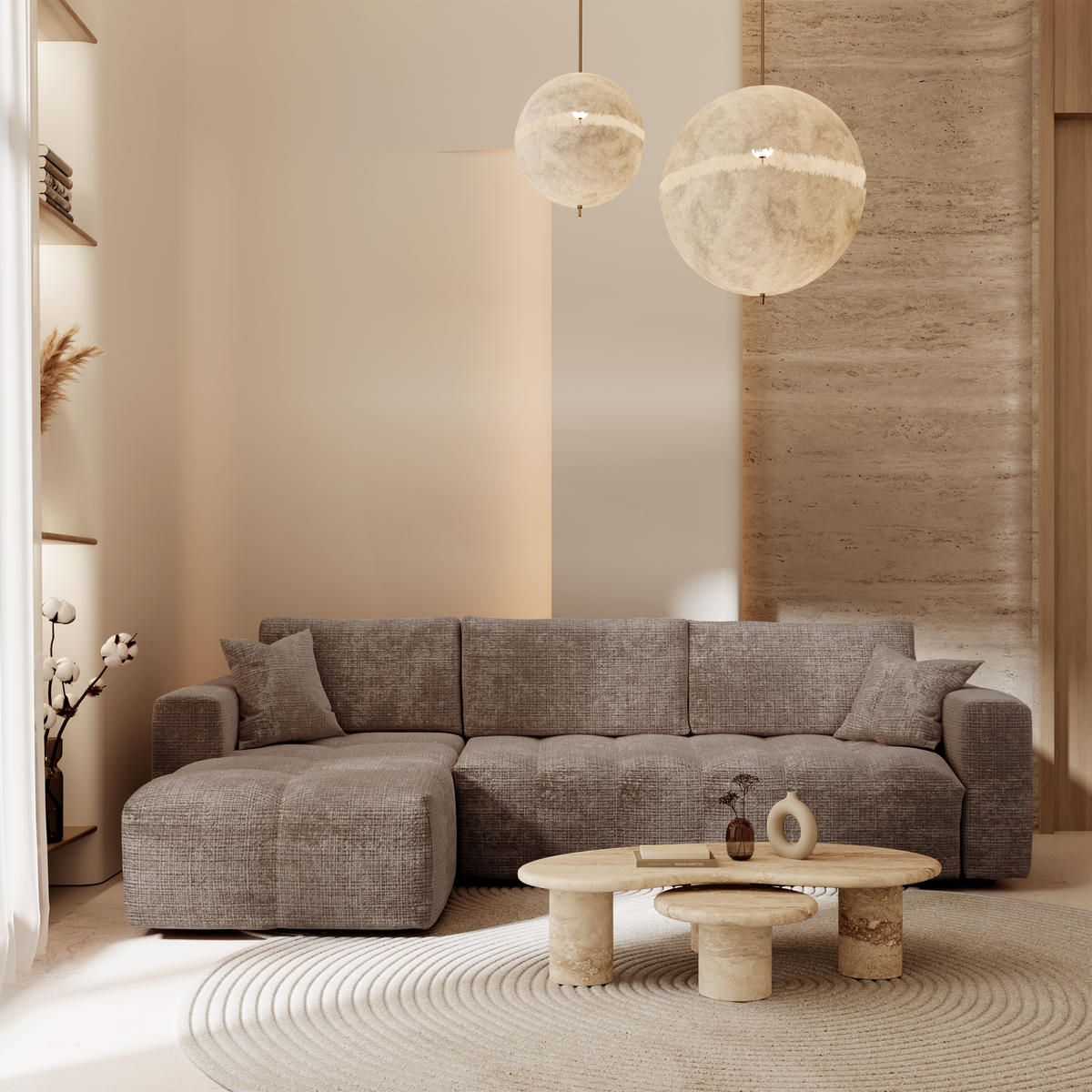 SCHLAFSOFA Express VIBE Geprägter Samt Taupe 286cm - Taupe, Textil (286/165cm) - Premium Interiors