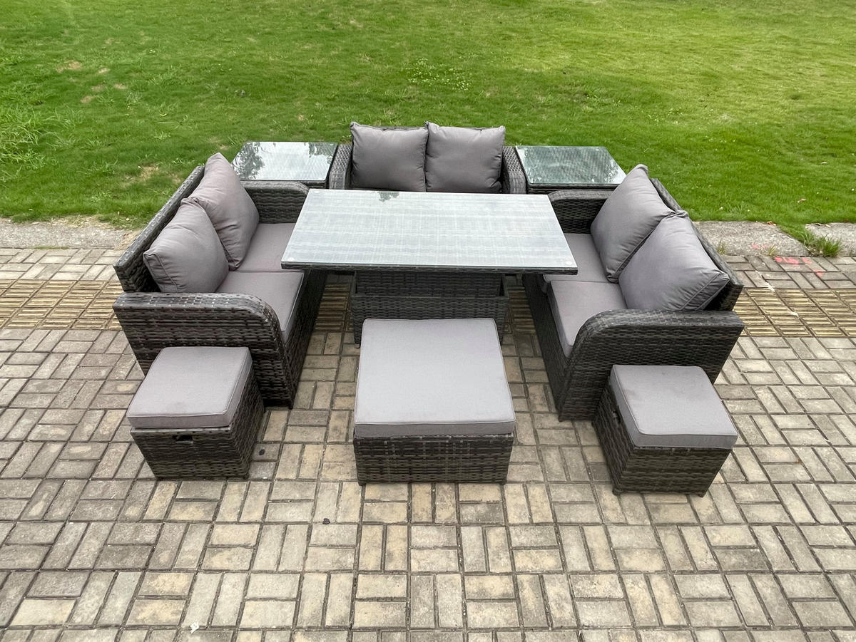 GARTENSOFA SET Polyrattan Dunkelgrau 9-Sitzer - Dunkelgrau, Metall - Fimous
