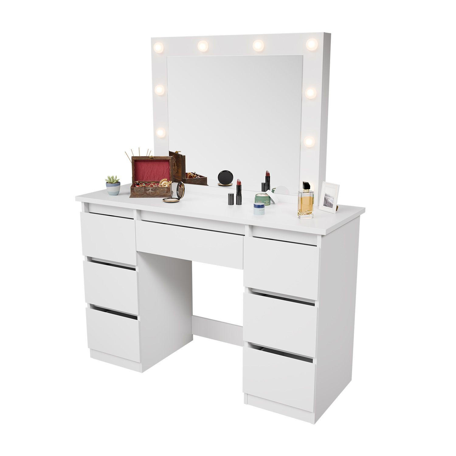 SCHMINKTISCH Talea mit LED (3 Lichtstufen) - Weiß, Holz (110/141/40cm) - Juskys