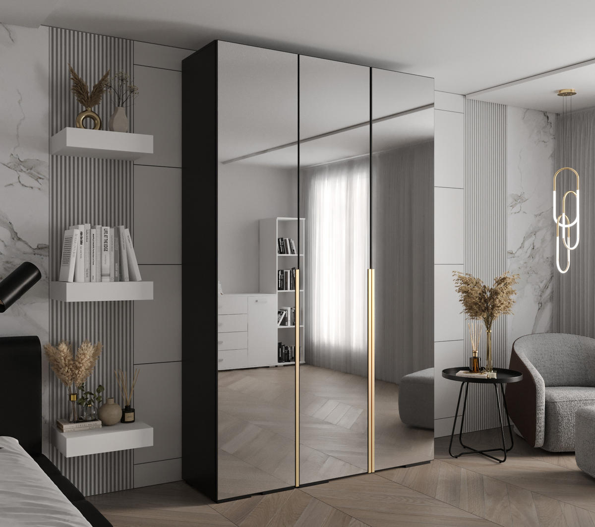 DREHTÜRENSCHRANK 236.7/150/47 3-türig - Goldfarben/Schwarz, Holz/Metall (150/236.7/47cm) - Abiks Möbel