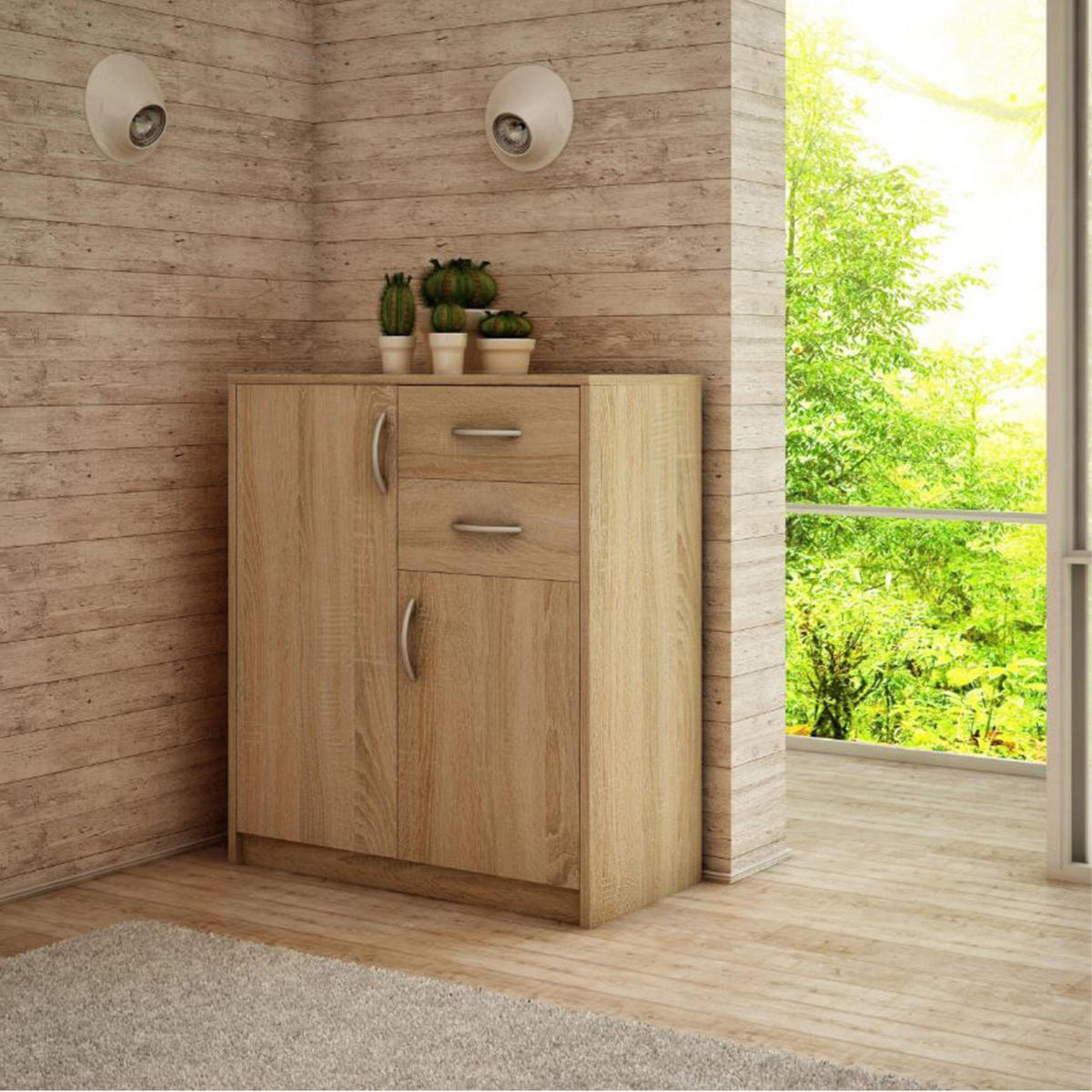 KOMMODE mit 2 Schubladen und 2 Türen - Hellbraun, Holzwerkstoff (74/85/35cm) - Home Collective