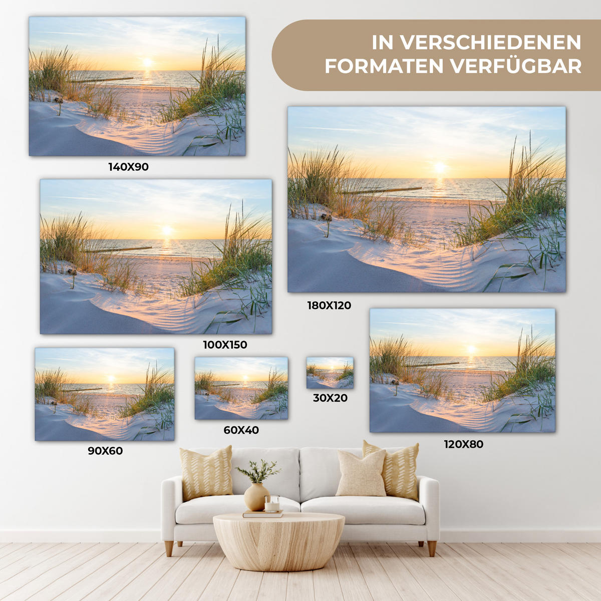 LEINWANDBILD Strand - Sonne - Düne - Gras - Sand - Horizont Wohnzimmer 120x80 cm - Hellblau, Textil (120/80cm) - MuchoWow