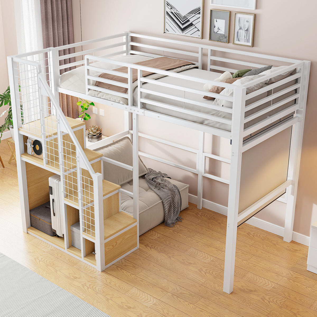 HOCHBETT aus Metall 90x200 cm in Weiß mit Treppe & Stauraum - Weiß, Metall (90/200cm) - Modfu