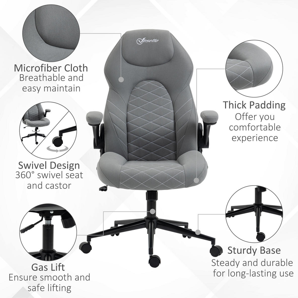 BÜROSTUHL, Ergonomischer Schreibtischstuhl, Computerstuhl mit Wippfunktion - Hellgrau, Kunststoff (69.5/122/65.5cm) - Vinsetto