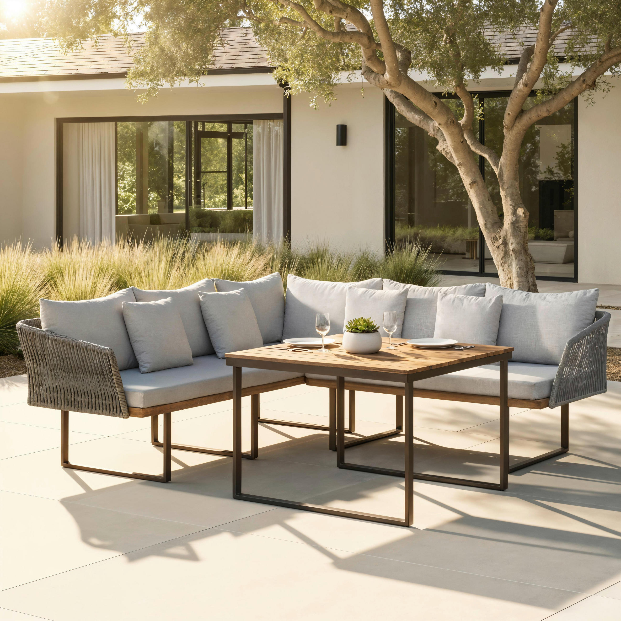 DINING-LOUNGESET Viola Grau Outdoorstoff/Metall/Holz - Hellgrau, Holz - Bessagi Garden