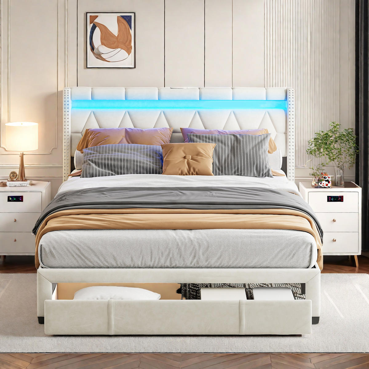 KLÄDD säng 160x200 cm beige tyg LED USB 4 lådor - Beige, Trä (160/200cm) - SHOPENTRA