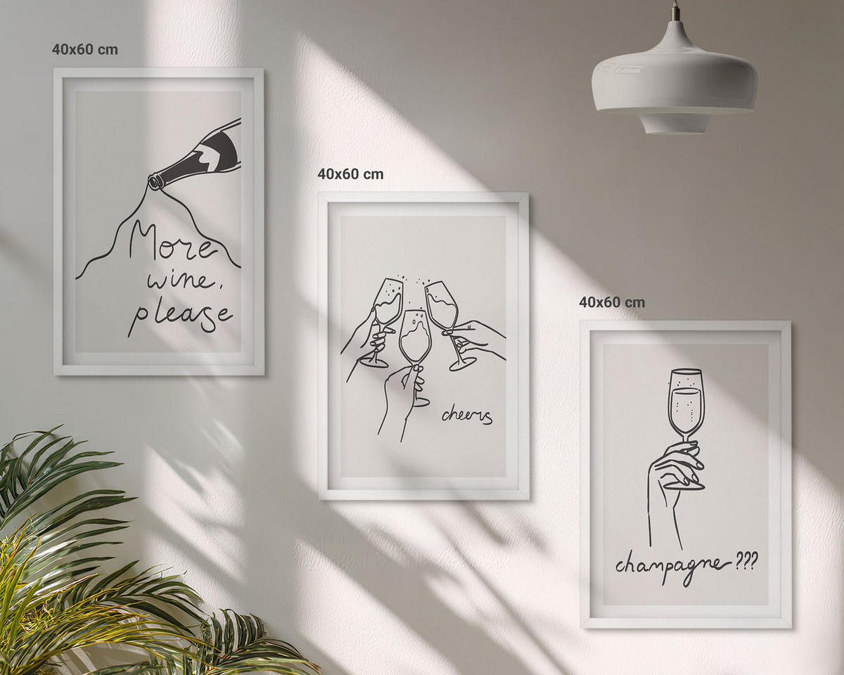 BILDER SET 3er Set - 40x60 cm Weißer Rahmen - Champagner-Wein-Linienzeichnung - Weiß, Kunststoff (40/60cm) - TULUP
