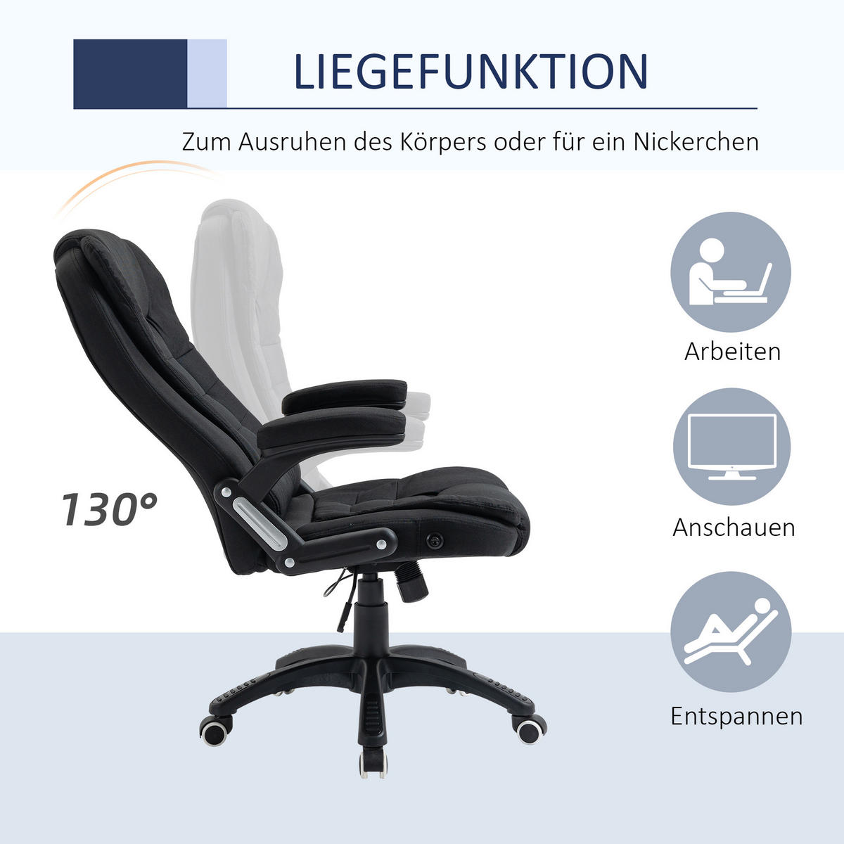 BÜROSTUHL Drehstuhl ergonomisch Schaumstoff Kunststoff leinenartiges Polyester - Schwarz, Kunststoff (72/120/65cm) - Vinsetto