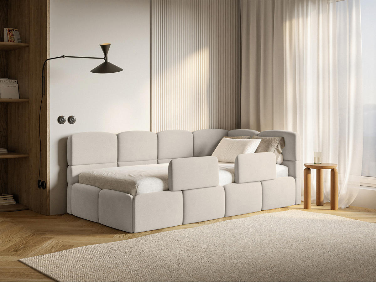 DETSKÁ POSTEĽ Cloudy svetlobéžová 90x200 cm, s matracom a zábranou, záhlavie vpravo, zamat - čierna/écru, textil/plast (90/200cm) - Selsey