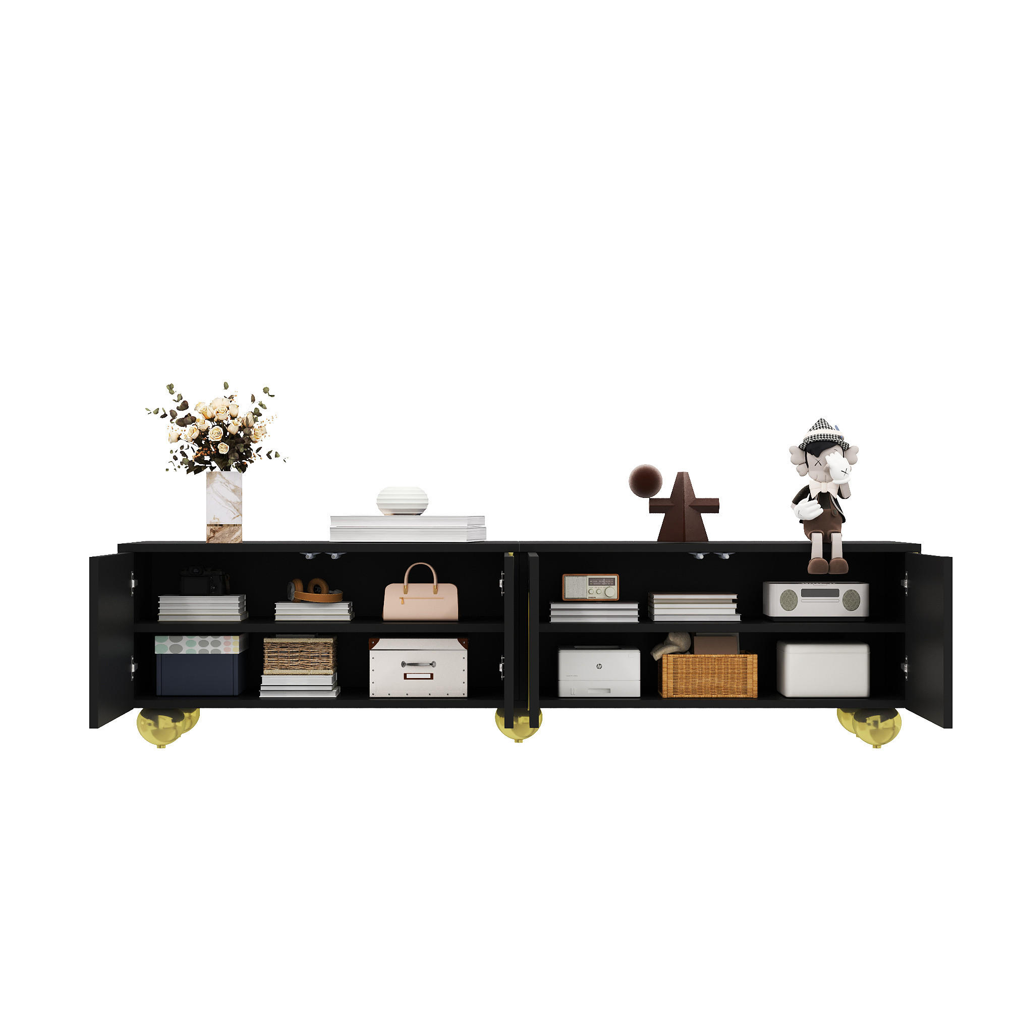 TV-LOWBOARD in Schwarz/Gold mit 4 Türen und Push-to-Open 170/38/44 cm - Schwarz, Holzwerkstoff (170/44/38cm) - Redom