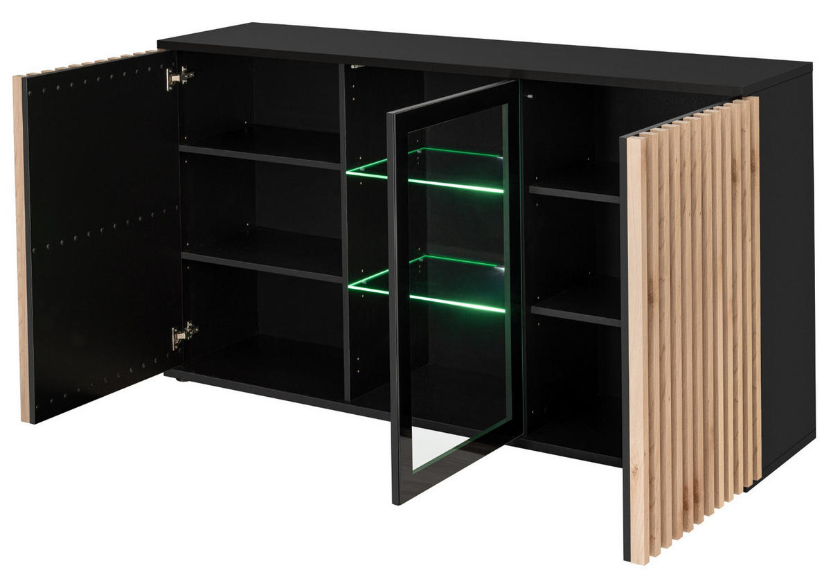 SIDEBOARD schwarz, Eiche Jackson 163 cm, Kommode mit Beleuchtung - Eichefarben/Schwarz, Glas/Holzwerkstoff (160/92/40cm) - Furn.Design