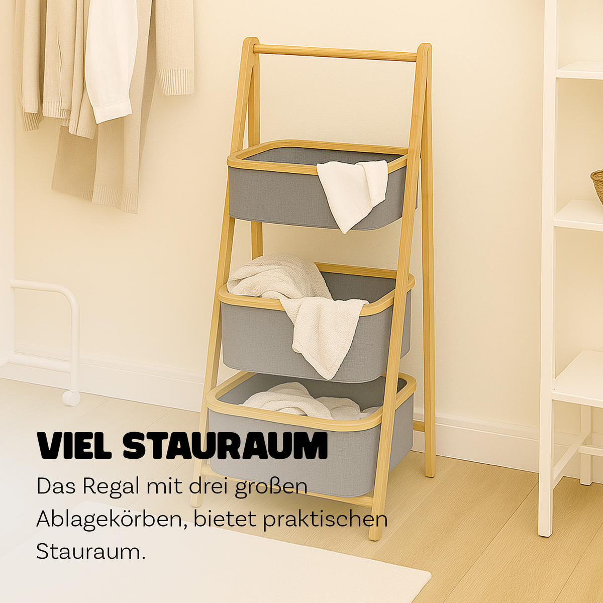 AUFBEWAHRUNGSREGAL Bambus mit 3 Stoffkörben 45x31×108 cm - Grau, Textil (45/108/31cm) - Bestlivings