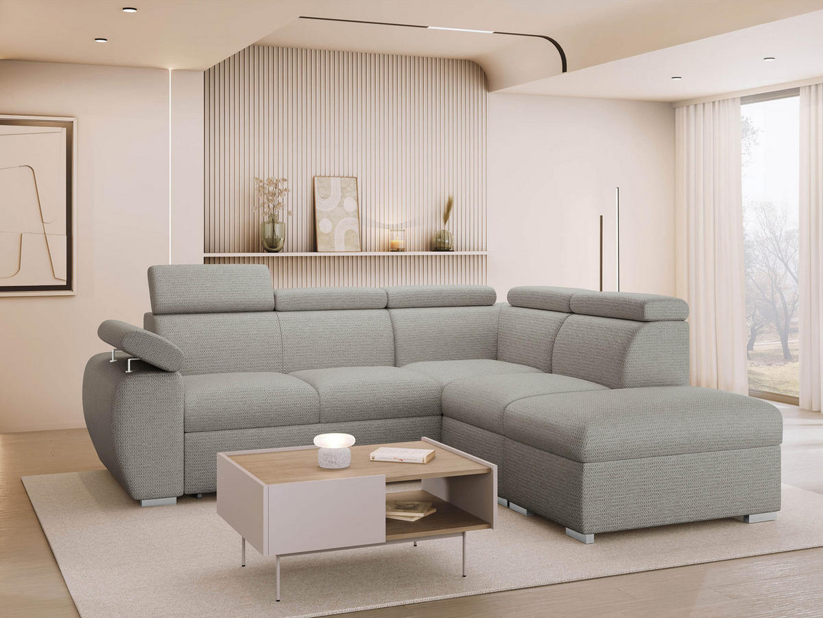 ECKSOFA Boston 2RR1P, Seite: Rechts 2R+R+1P(65)+PUFAP - Silberfarben, Holz/Textil (260/230cm) - MIRJAN24