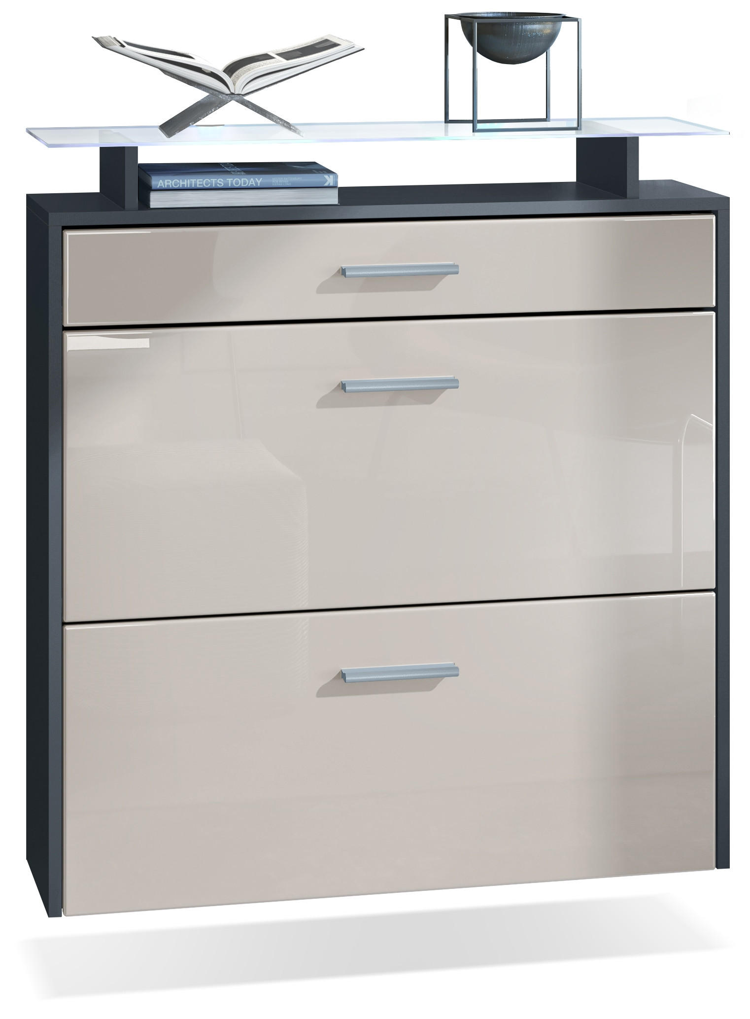 SCHUHSCHRANK Malea Fronten in Sandgrau Hochglanz - Sandfarben, Holzwerkstoff (89/96/23cm) - Vladon