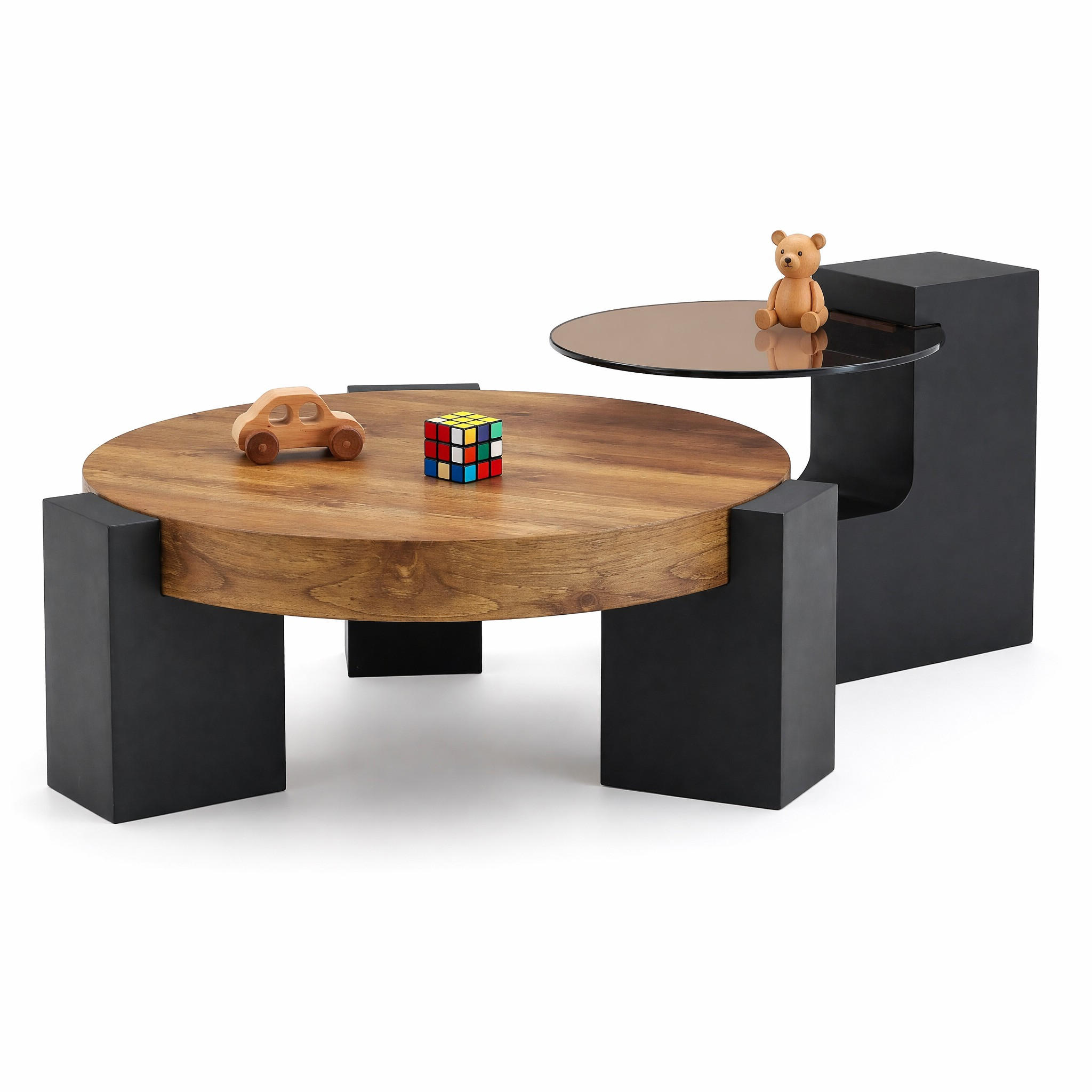 COUCHTISCH in Schwarz und Naturfarbe 2er-Set Couchtisch-Kombination für Wohnzimmer, B44/T62/H44 cm, Ø61/H30 cm - Schwarz/Naturfarben, Glas/Holzwerkstoff (61/61/30cm) - STILVORA