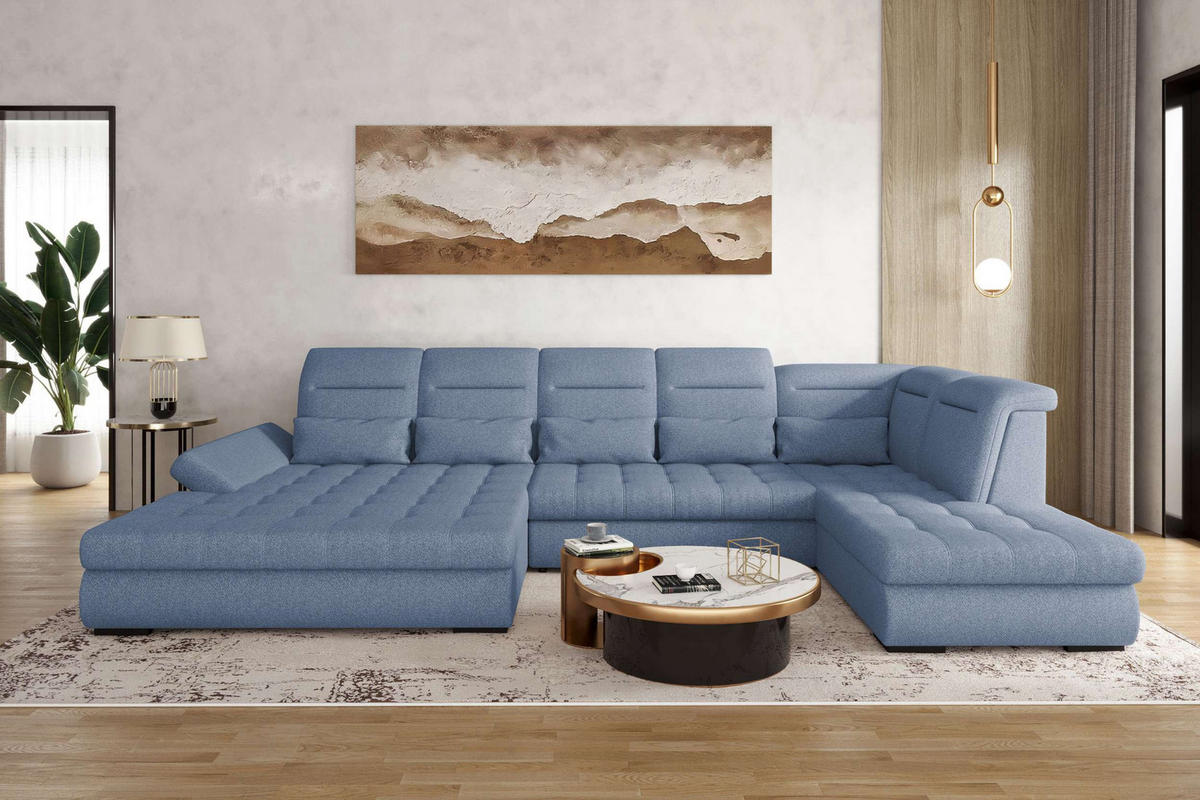 WOHNLANDSCHAFT Toscana Strukturstoff inkl. Schlaffunktion - Blau, Textil (208/87/358cm) - 99rooms