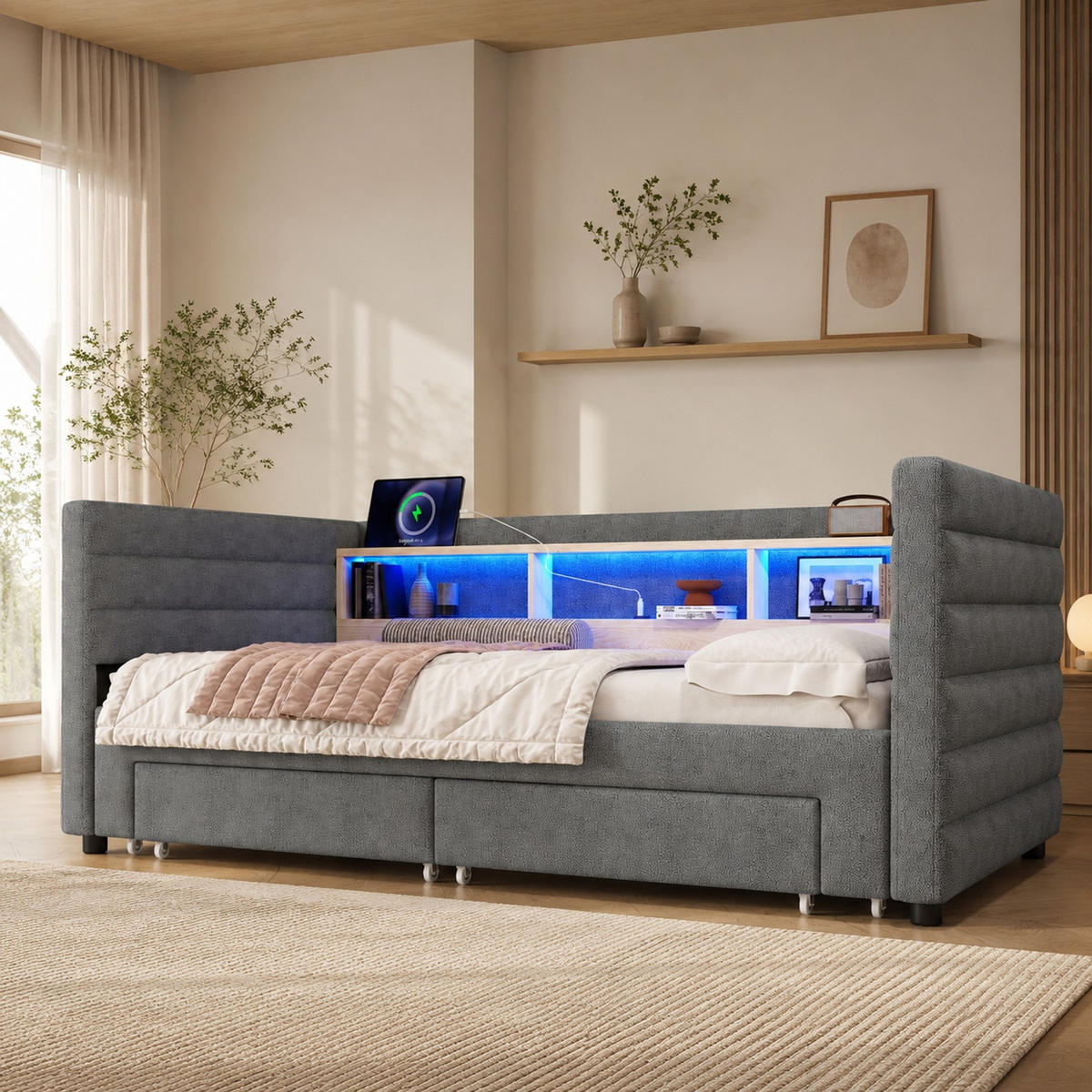 POLSTERBETT 90/190 mit LED, USB, Typ-C und 2 Schubladen in Grau - Grau, Holzwerkstoff/Textil (90/190cm) - EVRYAE