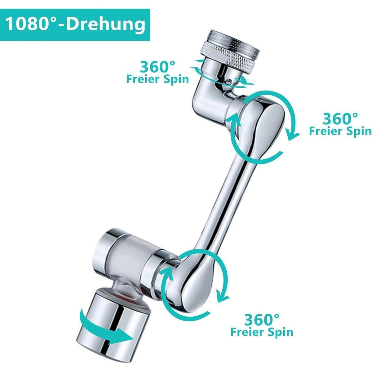 WASSERHAHNAUFSATZ mit Filter 1080° drehbar - Silberfarben, Metall (9.5/3/30cm)