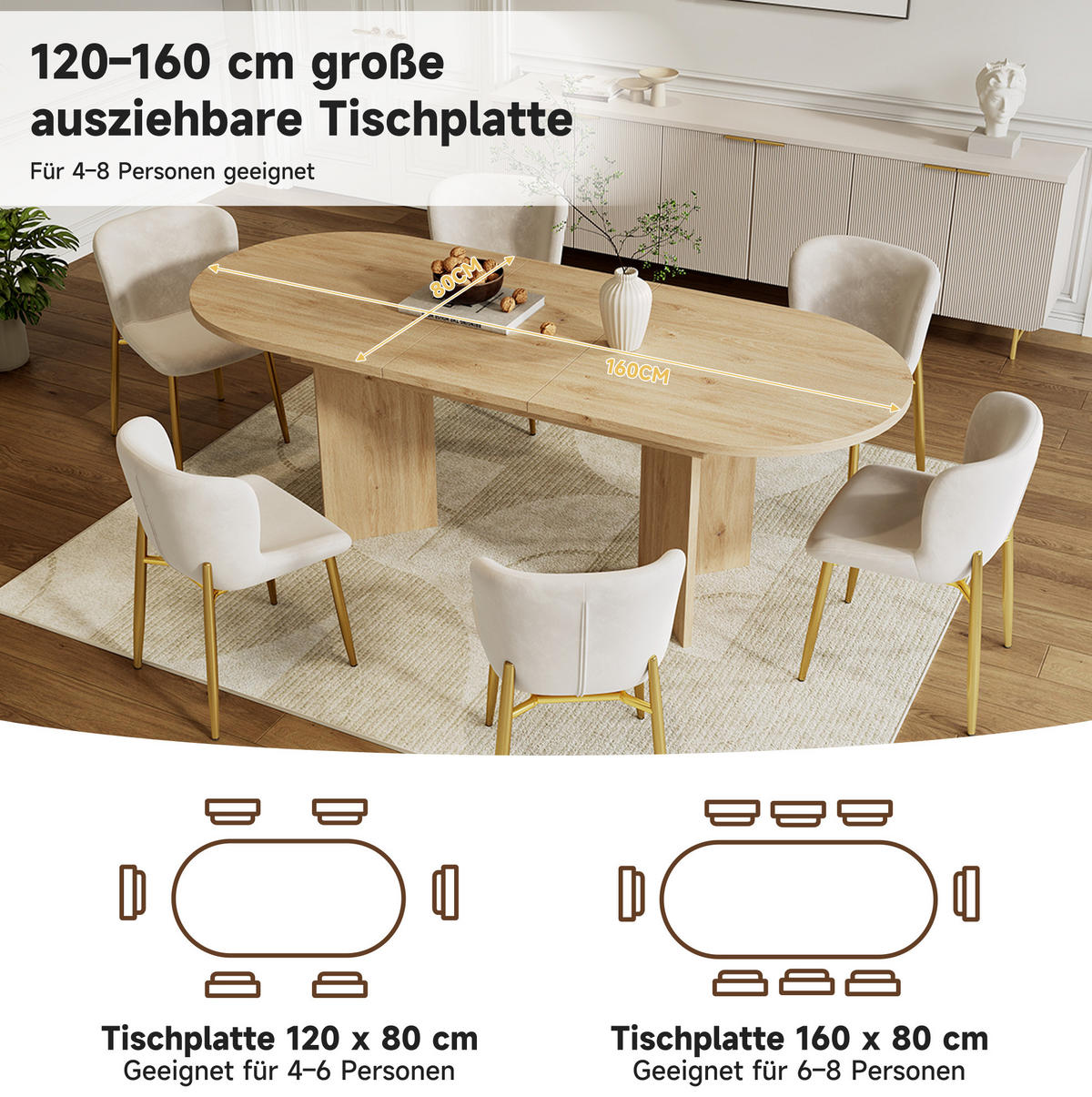 ESSTISCH aus MDF 160x80x75 cm Eichefarben ausziehbar mit abgerundeten Ecken und 18 mm Tischplatte - Eichefarben, Holzwerkstoff (160/80/75cm) - Modfu