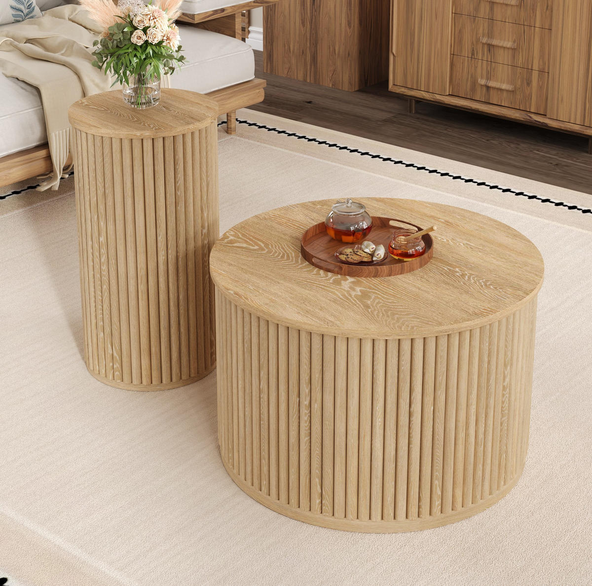 COUCHTISCH-SET 60/60/38,5 + 30/30/56 cm in Natur mit 3D-Streifenoptik - Naturfarben, Holzwerkstoff (60/60/38.5cm) - Flora Grace