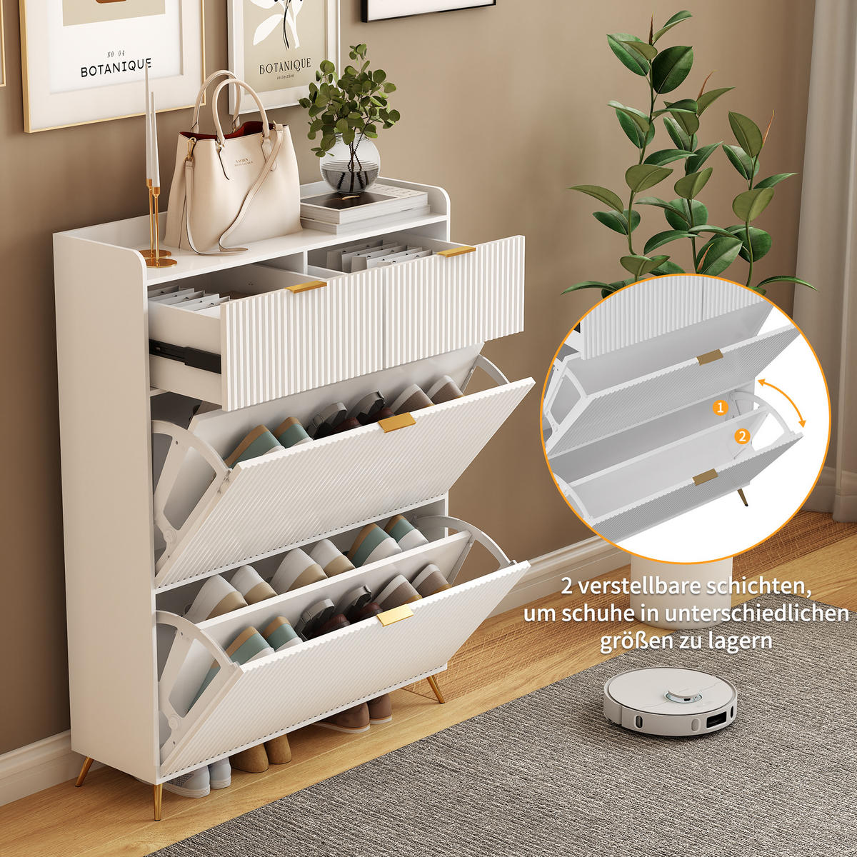 SCHUHSCHRANK 80x24x110 cm Schubladen Trennwände Metallbeine weiß - Weiß, Holz (80/110/24cm) - LEBENLANG