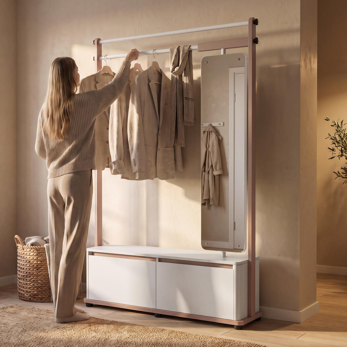 PŘEDSÍŇOVÁ STĚNA Boreo se 2 dveřmi a otočným zrcadlem, 125 cm, kašmír + světle hnědá - kašmírová/světle hnědá, kov (125/183/30cm) - Beautysofa