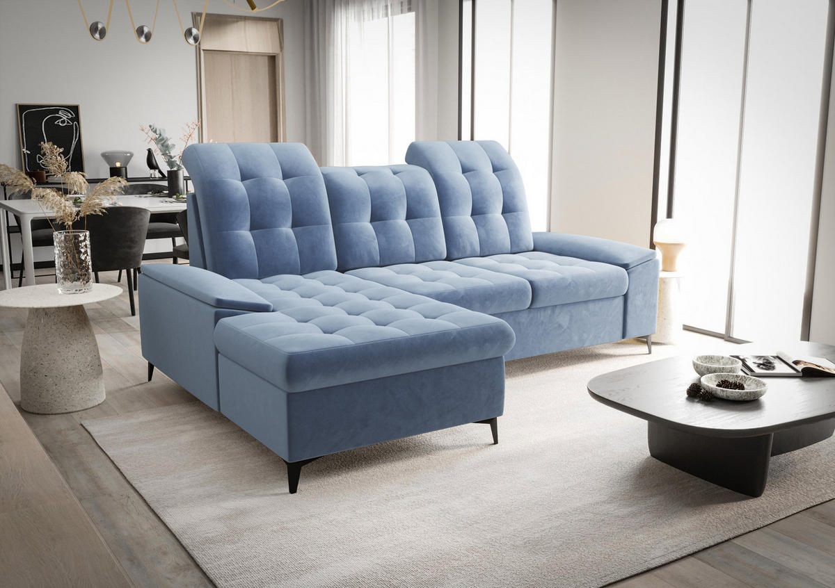 ECKSOFA KONGO RBN18, Eckcouch in L-Form mit Schlaffunktion, Farbe: Blau, Velourstoff, Ottomane Links - Blau, Textil (257/172cm) - O-Sofa