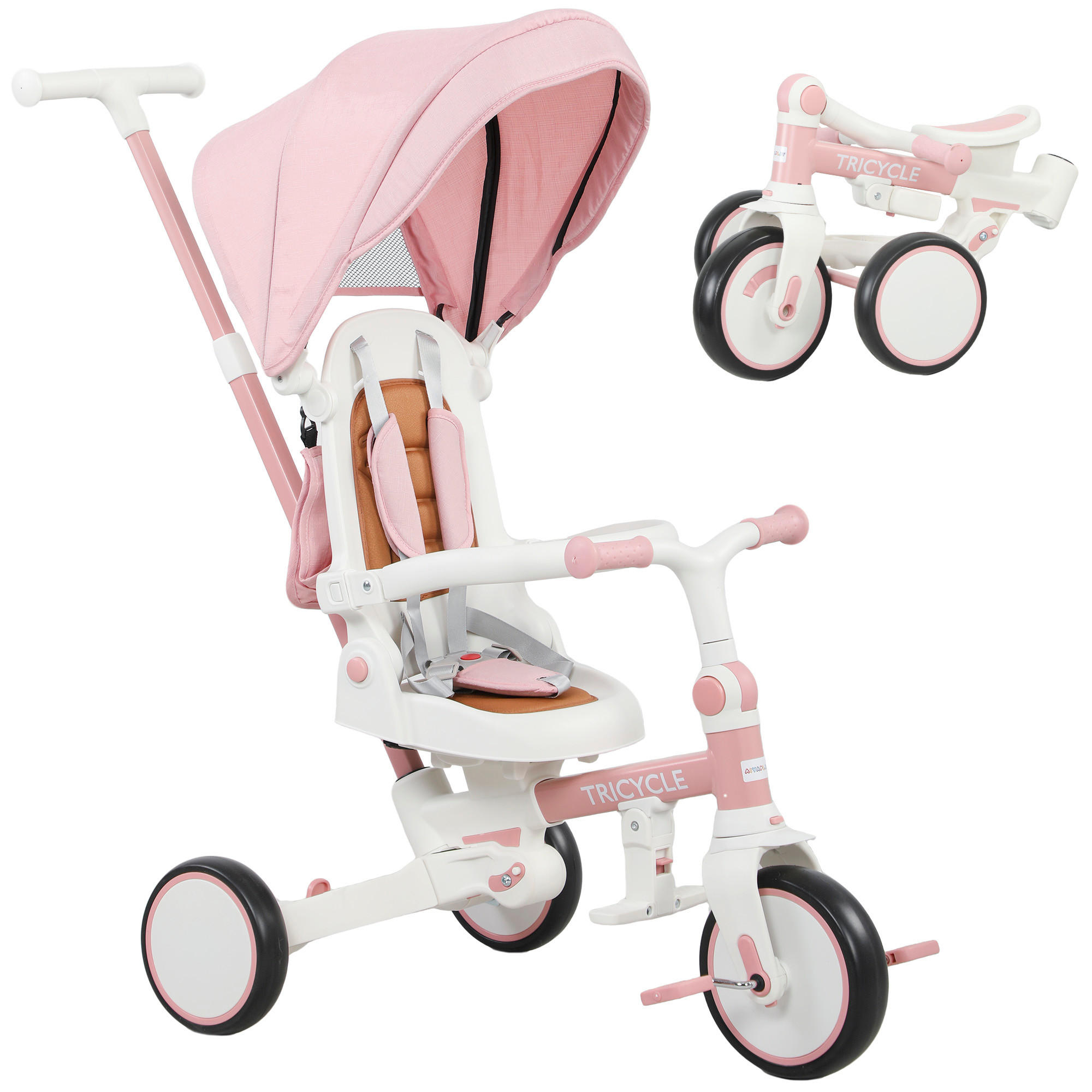 DREIRAD 5-in-1 mit Schubstange für 1-3 Jahre Faltbar mit reversiblem Sitz Rosa - Rosa, Metall (96.5/49/101cm) - AIYAPLAY