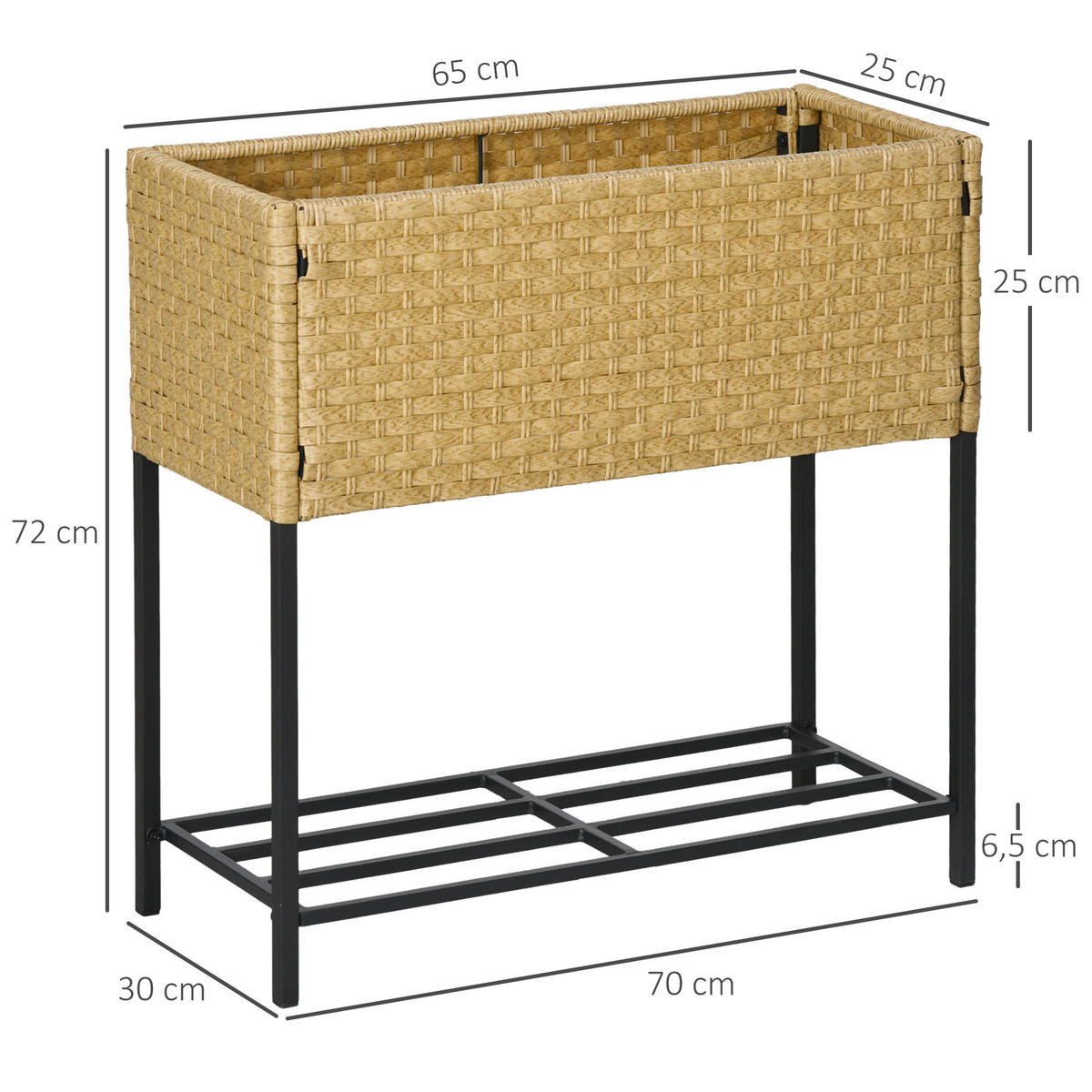 POLY Rattan, Hochbeet, Blumenkasten - Sandfarben, Metall (30/70/70cm) - Outsunny