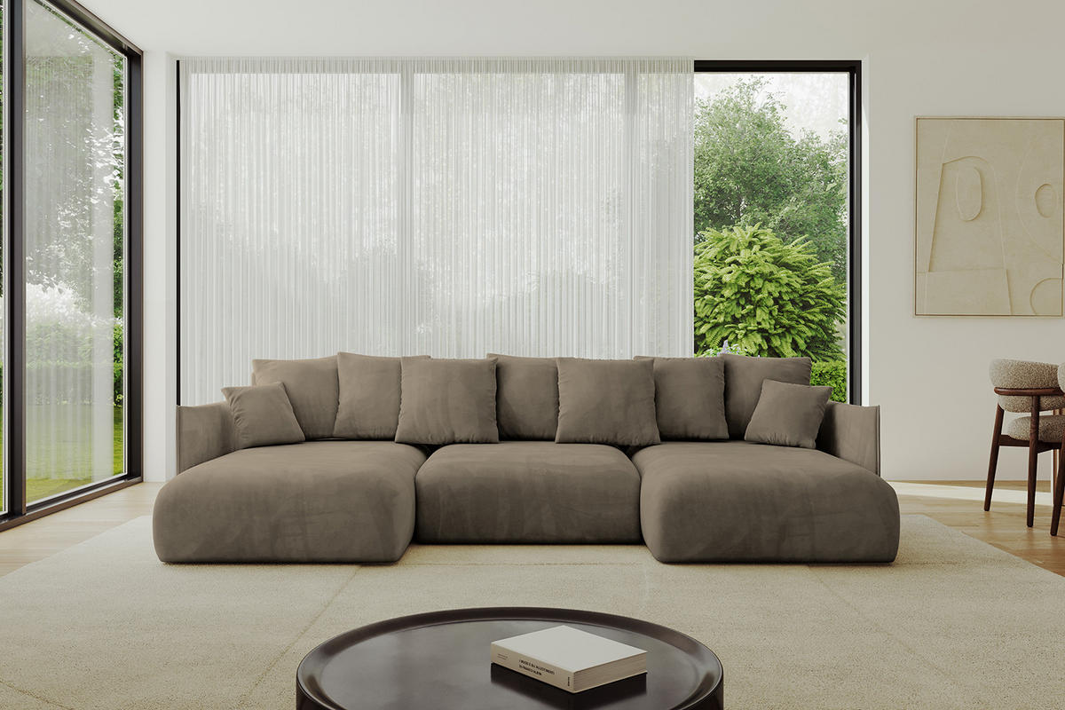 WOHNLANDSCHAFT mit Schlaffunktion und Bettkasten ONESK-U 317x177x72 Braun Velours - Braun, Holzwerkstoff/Kunststoff (317/72/177cm) - ALTDECOR