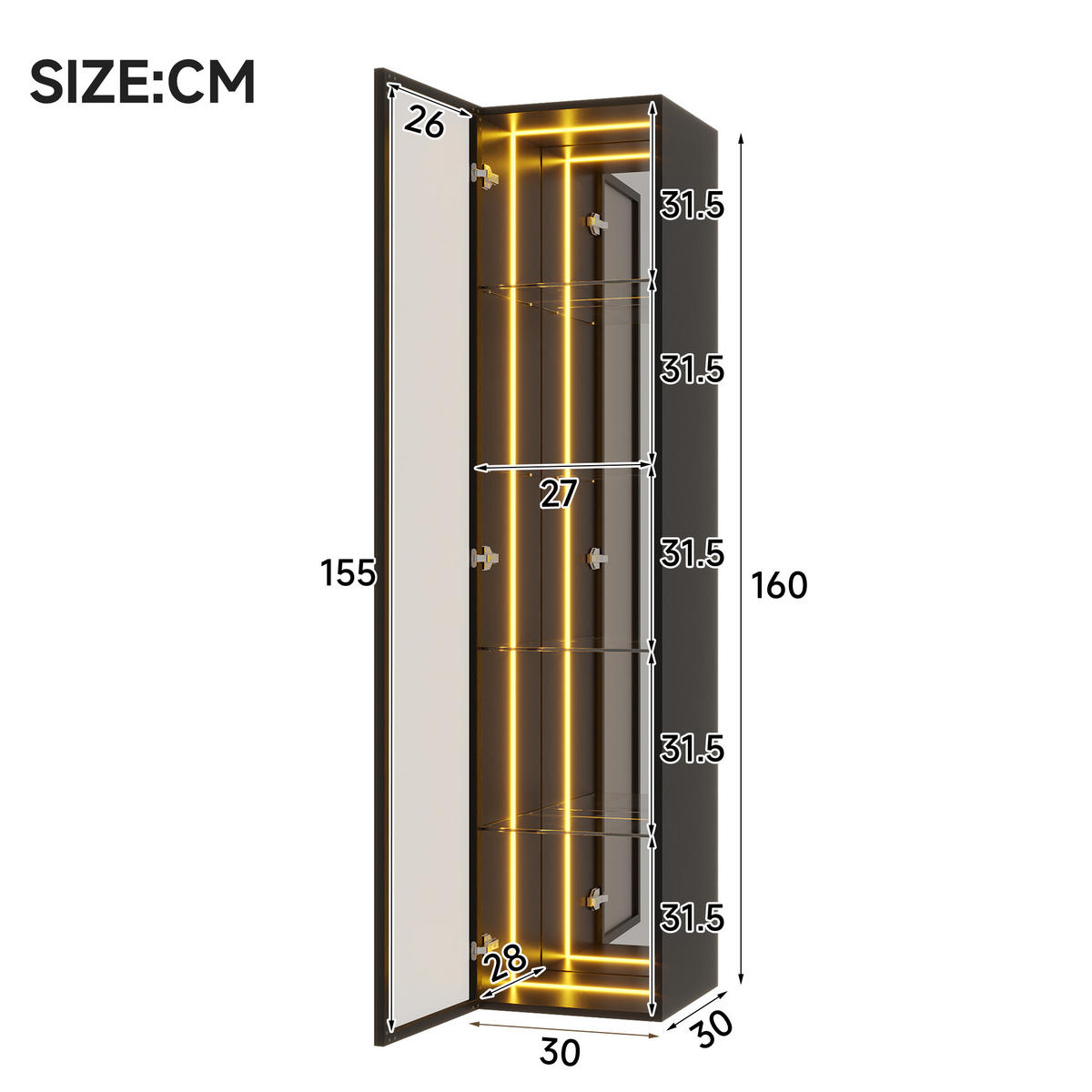 VITRINE Vitrinenschrank mit 5 Ebenen, LED-Beleuchtung, Spiegelrückwand & Glas Aluminiumtüren Schwarz - Transparent/Schwarz, Glas/Holzwerkstoff (30/160/30cm) - EVRYAE
