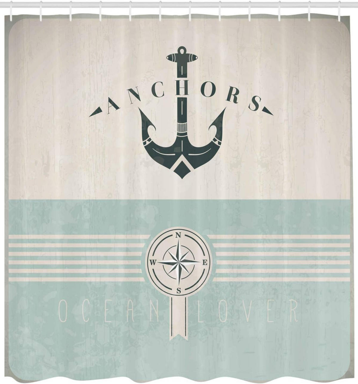 DUSCHVORHANG nautisch Anker Marineblau Vintage Stoff Set Dekor Badezimmer mit Haken Meer Schwarz Beige - Blau, Textil (180/200cm) - MCBOSON